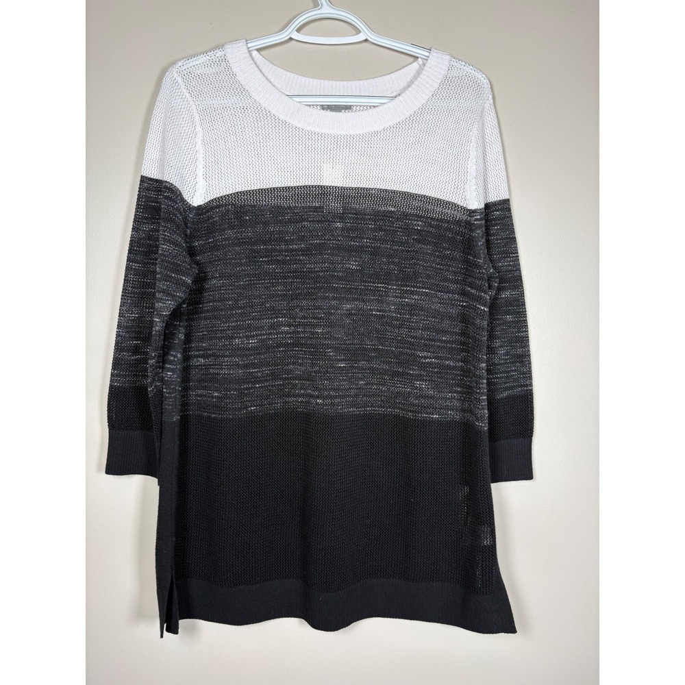 T by Talbots Womens Petite Large Colorblock Open Knit Tunic Sweater Grey Black